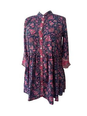 Navy Pink Silk Women's Long Sleeve Mini Tunic Dress Floral Boho Button-Front M